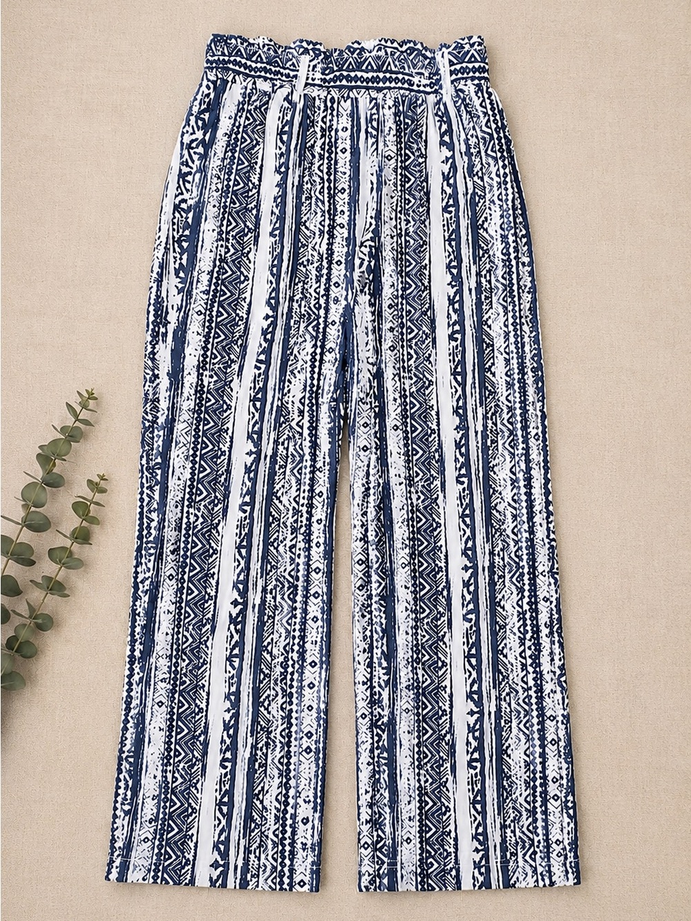 Cali 1850 Blue White Boho Wide Leg Pants XL Elastic Waist Lightweight